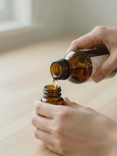 Close-up of soft hands pouring a liquid from an amber glass bottle into another, on a light ash wood surface, sunlit, clean home interior, soft diffused daylight, muted sage and cream tones, shallow depth of field, 35mm