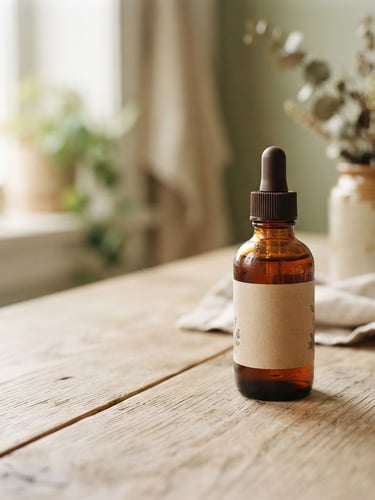 Wide shot of amber glass bottles on a light ash wood surface, soft diffused daylight, shallow depth of field, muted sage and cream tones, with gentle shadows. One bottle slightly off-center to the right, generous negative space on the left.