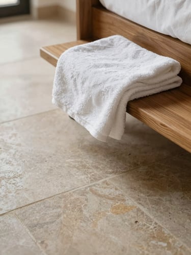 Close-up of polished stone floor and a neatly folded white linen towel on a wooden surface inside a Mallorcan property, soft north-facing daylight, calm and ordered composition suggesting readiness