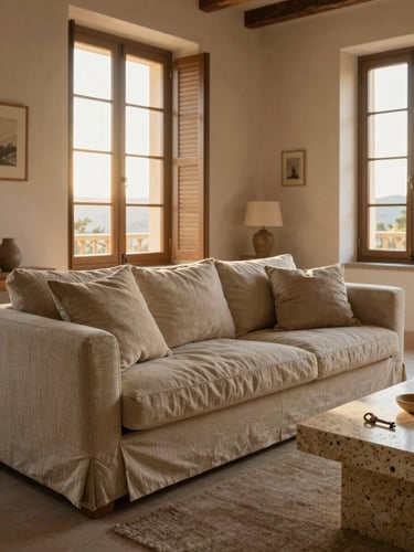 Empty, carefully prepared living room of a Mallorcan villa, natural linen cushions on a stone-coloured sofa, a single key resting on a travertine side table, soft golden-hour light through tall shuttered windows