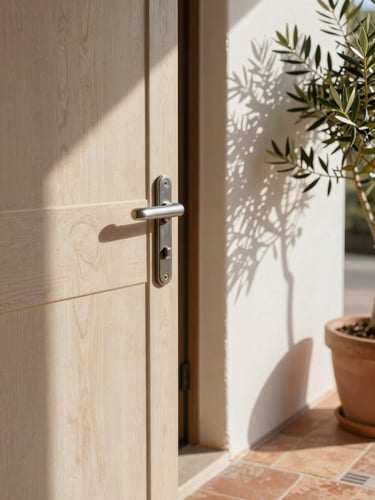 Close-up of a polished stone entryway of a Mallorcan property in soft north-facing daylight, a brushed-metal door handle catching the light, terracotta tiles visible at the base, a potted olive branch to one side, calm and composed, no people