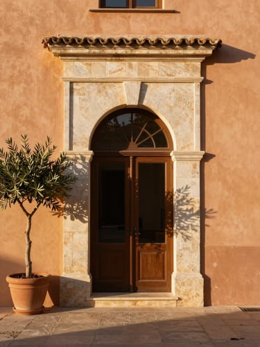 Tall portrait framing of a Mallorcan villa entrance in late afternoon golden light — an arched stone doorway slightly off-centre, warm ochre walls, a single potted olive tree to the left, shadow geometry falling across pale stone, no people