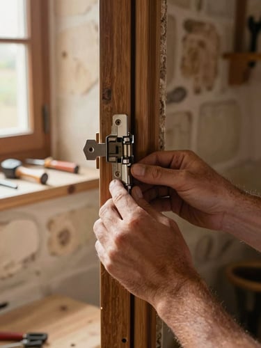 Detail of a craftsman's hand testing a door hinge in a Mallorcan stone-walled interior, warm afternoon light from a side window, tools resting on a wooden ledge in soft focus behind