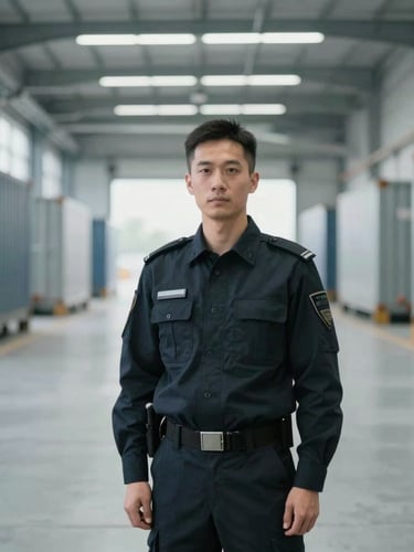 Professional corporate portrait of a field officer in a sharp, dark uniform, standing confidently in a modern, clean logistics terminal. Cool-toned indoor lighting, sharp focus, desaturated industrial tones.