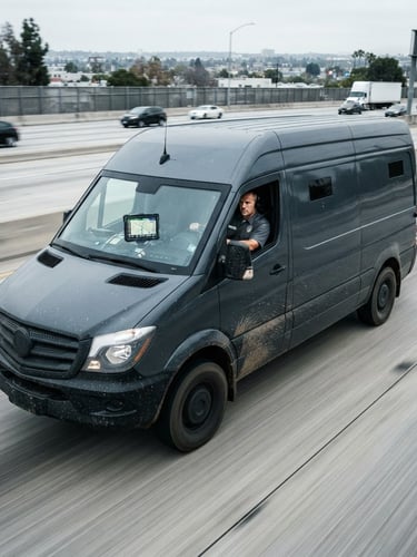 High-contrast, desaturated commercial photography of a secure transport vehicle (armored van) in motion on a highway, cool daylight, sharp focus, with subtle GPS telemetry overlay on a dashboard screen visible inside the cab, driver in professional uniform.