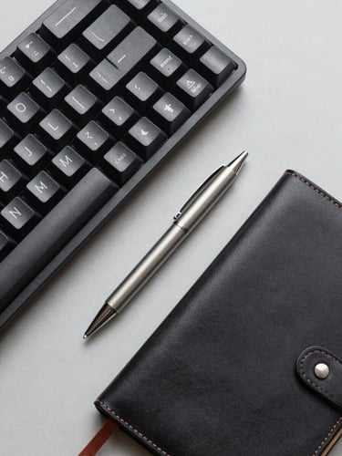 A top-down studio flat-lay of a minimalist mechanical keyboard, an aluminum pen, and a sleek leather notebook on a light gray background.