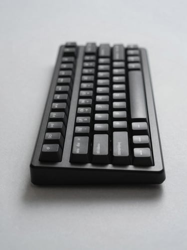 Straight-on studio shot of a minimalist matte black aluminum mechanical keyboard on a light gray background, soft diffused lighting, subtle drop shadow