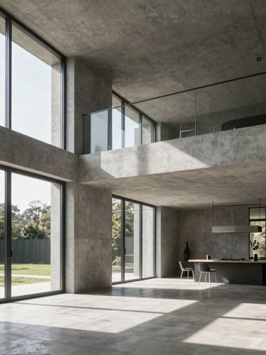 High-fidelity architectural render of a modern concrete residence interior, natural light streaming through large windows