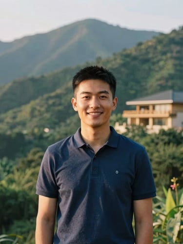 Portrait of a friendly and welcoming host in a natural, lush mountain setting, warm golden-hour light, soft focus background, architectural 35mm