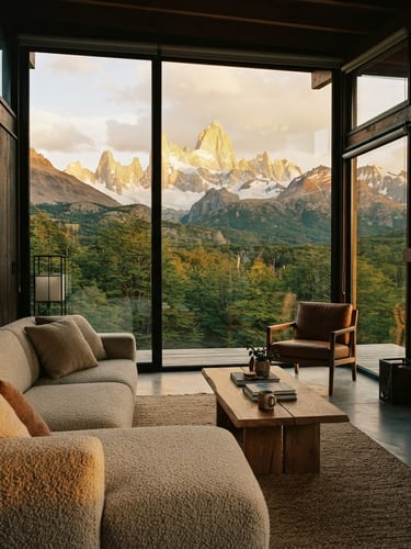 Interior moderno de la villa con grandes ventanales que dan a una vista panorámica de las montañas y el dosel forestal, luz dorada entrando, arquitectura 35mm