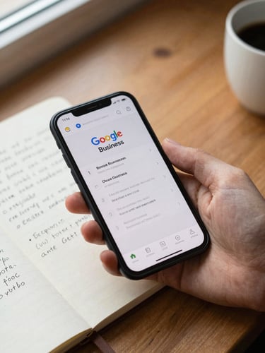 Close-up overhead desk composition, a hand holding a phone showing a Google Business profile screen, a notepad with handwritten notes beside it, warm afternoon window light, real working desk surface with coffee cup visible at edge