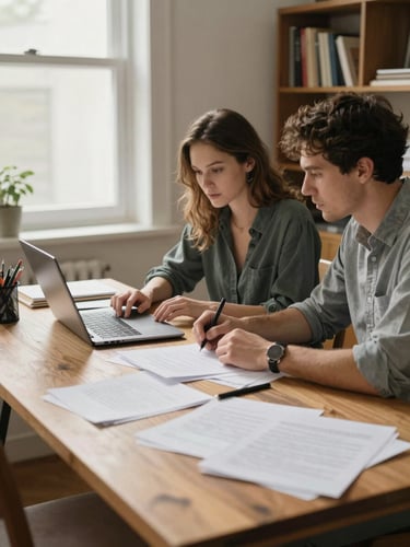 Wide environmental shot inside a small home office workspace, a woman and man working side by side at a wooden desk covered in notes and a laptop, soft north-facing window light falling across their hands and papers, bookshelves visible in background, warm and unposed