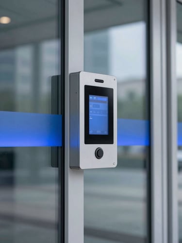 Abstract close-up of a secure glass and steel digital entry terminal in an elite corporate lobby, cool daylight, subtle royal blue ambient light, ultra-sharp focus