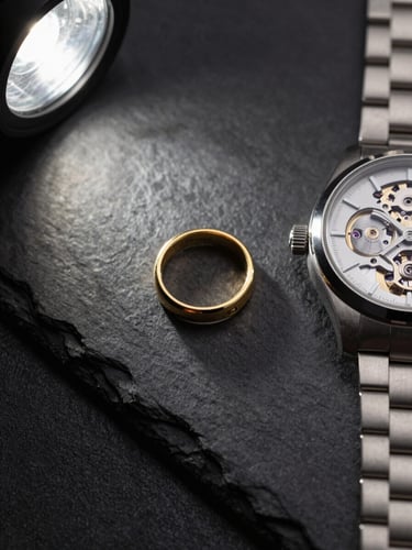 Overhead flat-lay close-up of a gold ring and a mechanical watch on a dark slate surface, studio key light from upper left casting soft shadows, hallmark detail visible on ring band, no hands in frame, tight crop leaving minimal margin