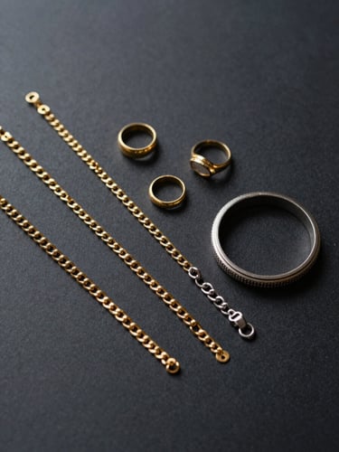 Overhead flat-lay of gold and silver jewelry pieces — rings, chains, a bracelet — arranged on a dark matte surface under studio key light, no hands visible, neutral background