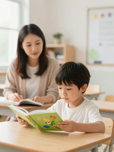 A warm, bright classroom setting with soft natural daylight, a child reading a colorful book with an educator nearby, shallow depth of field, warm editorial style.