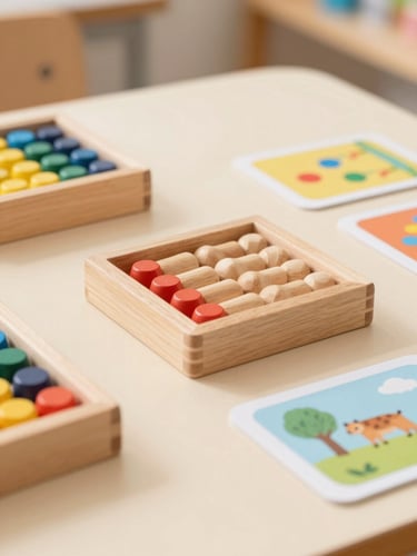 Close-up of wooden counting blocks and colorful learning cards on a warm cream table, soft natural light, shallow depth of field.