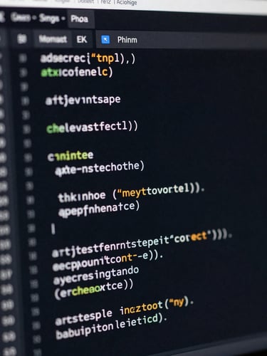 Extreme macro close-up of a dark-mode code editor displaying clean, structured syntax-highlighted code. Low-key, high-contrast studio lighting with cool silver highlights and deep navy shadows, emphasizing technical precision.