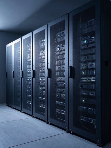 Wide, structured architectural shot of a modern minimalist server room, physical server racks illuminated by low-key cool blue and silver light, deep navy shadows.