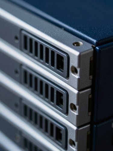 Extreme macro close-up of physical server rack components in cool silver tones, deep navy shadows, sharp metallic edges.