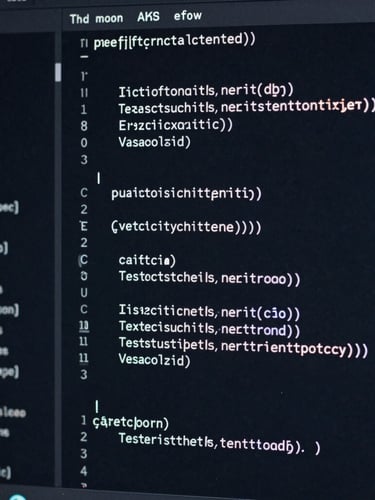 Extreme close-up of a dark-mode code editor showing highly structured, clean TypeScript functions, cool silver highlights, deep navy background.