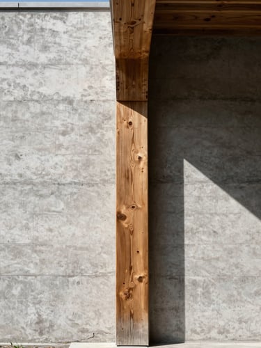 Straight-on architectural elevation of a raw board-formed concrete wall meeting a massive native timber beam, harsh direct sunlight casting sharp geometric shadows.