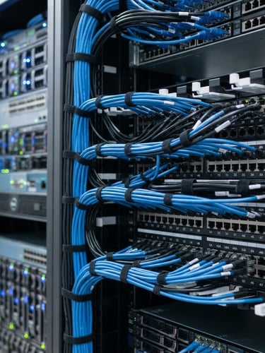 Close-up of neatly organized blue and black server rack cables, structured cabling in a modern server room, bright cool-toned technical lighting, sharp focus, 35mm lens.