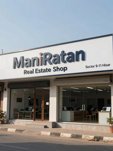 Wide-angle environmental photograph of ManiRatan Real Estate Shop 4E storefront in Sector 9-11 Hisar, bright midday sun, clear professional signage, accessible street view