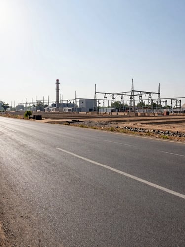 Wide-angle environmental photograph of a clean, cleared industrial plot along Delhi Road in Hisar, showing wide asphalt road and power infrastructure under bright midday sun.