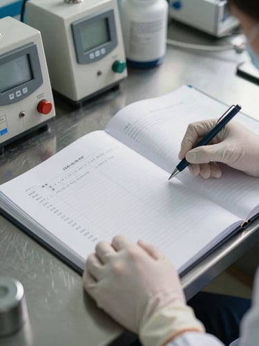 Close-up overhead shot of a pharmaceutical manufacturing workstation: gloved hands reviewing a batch record binder beside calibrated instruments on a stainless-steel surface, even north-facing daylight revealing paper texture and ink detail, no people visible above the wrists