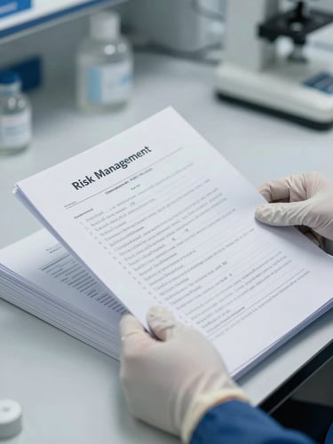 Close-up portrait-oriented shot of gloved hands reviewing a multi-page risk management file on a clean laboratory bench, tabbed dividers visible, controlled even studio lighting, shallow depth of field focused on the document pages