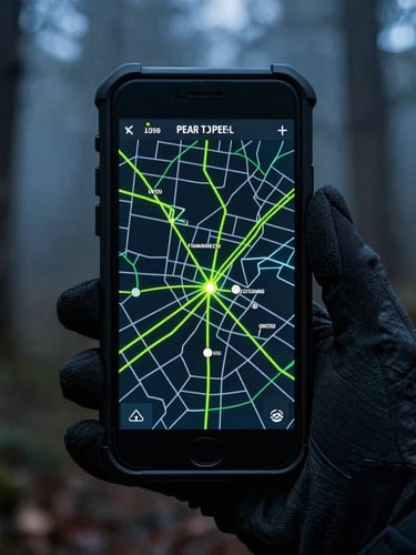 Close-up of a ruggedized smartphone displaying a tactical peer-to-peer routing map with neon green lines, held by a gloved hand in a dark, misty forest, twilight, high contrast.