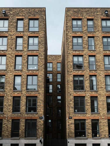 Symmetrical architectural shot of a clean, modern brick apartment building in London under soft, diffuse daylight.