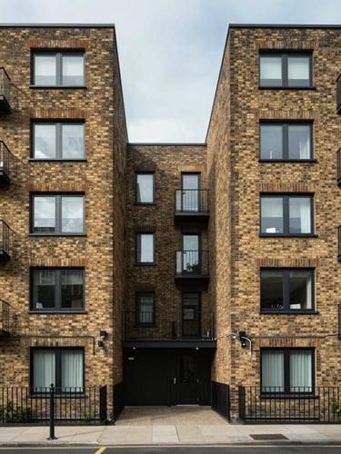 A straight-on, symmetrical exterior shot of a clean, modern brick apartment building in the UK under soft daylight, emphasizing structural permanence.