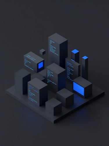 Abstract isometric projection of digital structures and code blocks, moody dark-mode lighting with sharp blue accents, minimalist 3d render