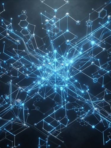 Abstract 3D rendering of glowing vector nodes and network graphs in cool gray and electric blue, dark-mode studio lighting, isometric perspective
