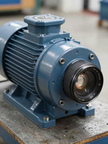 Close-up of a heavy industrial electric motor on a workshop bench, cool slate lighting, sharp metallic reflections, 35mm lens