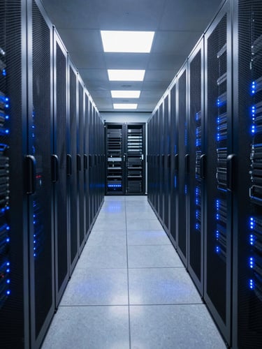 Wide panoramic view of a professional data center aisle — rows of illuminated server racks receding into the distance, cool blue LED lighting casting sharp reflections on the polished floor, camera positioned low at the left edge looking down the corridor