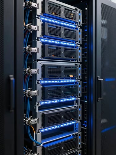 Close-up of dense server rack columns in a dark datacenter, cool blue LED strips illuminating rows of blade servers, cables bundled at left edge, deep focus into the rack depth, no people