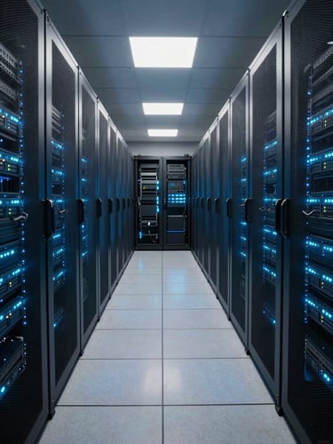 Wide-angle view of a server room corridor, rows of illuminated rack units casting blue and cyan light across polished floor tiles, deep perspective vanishing point, cool data-center ambient lighting, no people