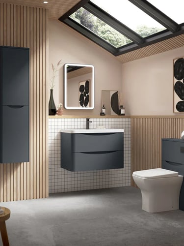 Modern bathroom featuring a dark grey floating vanity, wall-mounted cabinet, and slatted wood panels.