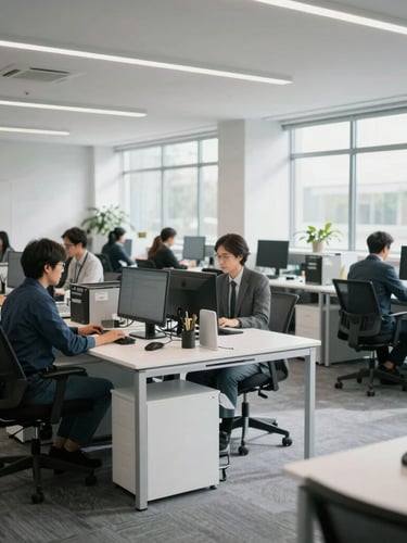 Wide environmental shot of a modern, daylight-filled logistics office with clean white desks, professional team members working in the background, cool tones, natural light.