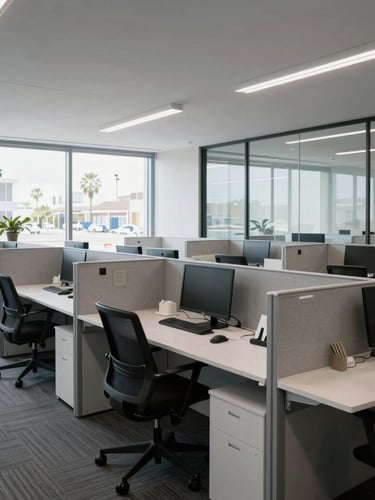 Wide-angle, high-key daylight office workspace in California, clean glass partitions, structured desks, professional atmosphere, cool undertones