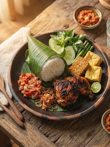 Overhead shot of a beautifully plated Nasi Timbel with grilled chicken and fresh sambal, soft golden-hour window light, rich natural tones, shallow depth of field, on an elegant dining table.