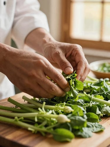 Close-up of a chef's hands meticulously preparing fresh lalapan, vibrant green vegetables, soft natural light, shallow depth of field.