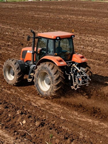 Wide environmental shot of a heavy-duty orange tractor plowing through deep mud-caked clay under harsh natural sunlight, high-contrast earthy tones, sharp focus on raw steel wheels and flying dirt, 35mm