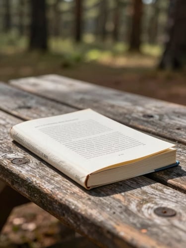 A close-up of a dog-eared guidebook sitting on a rustic wooden picnic table in a sunlit pine forest, warm natural daylight, shallow depth of field.