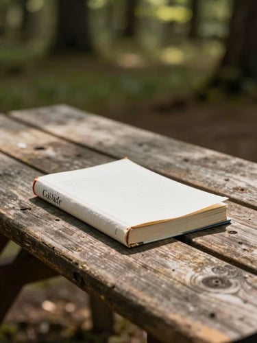 A dog-eared guidebook sitting on a rustic wooden picnic table in a sunlit forest, shallow depth of field, warm editorial style.