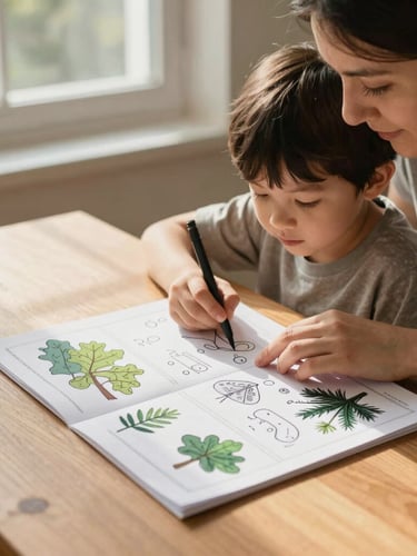 A parent and child looking at a printed nature worksheet together on a wooden table, warm window light casting soft shadows, tactile paper texture.