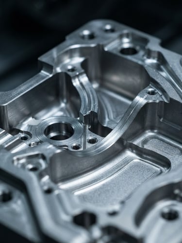 Extreme close-up macro shot of a complex 5-axis milled titanium aerospace component, showing bead-blasted finish and sharp edges under cool industrial lighting, high-contrast shadows, metallic reflections.